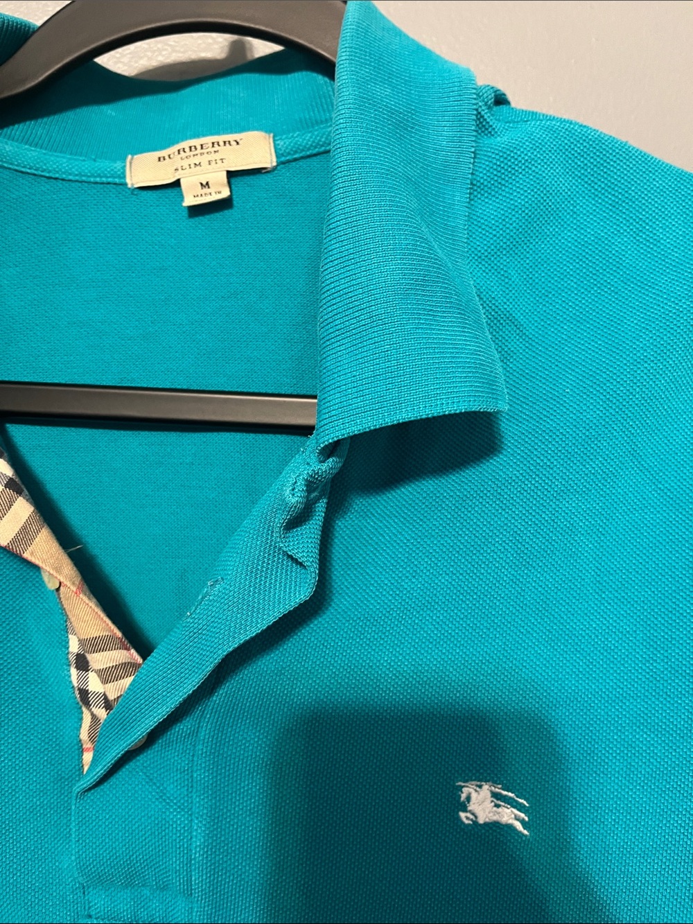 Burberry Teal Men's Polo with Signature Check Trim - Picture 4 of 5